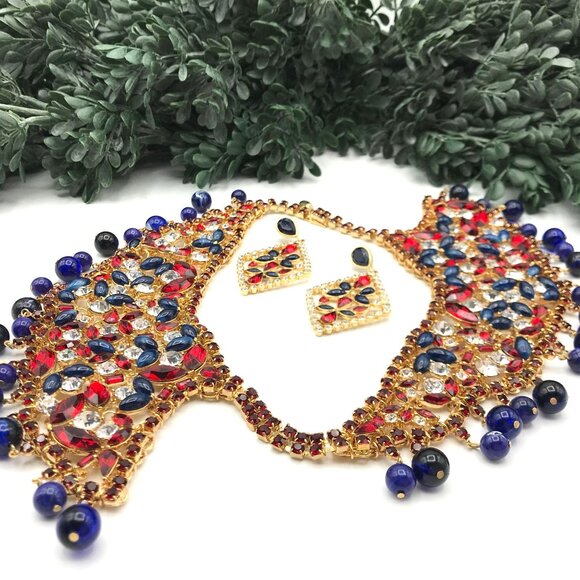 Vintage Gold Tone Crystal & Beaded Collar Necklace & Earrings Set by Scaasi - Picture 2 of 10